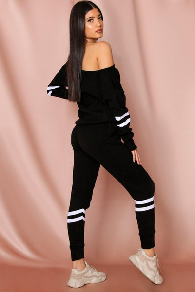 New Ladies Women Bardot Top Stripe Detail Jogger Knitted Lounge Set Tracksuit