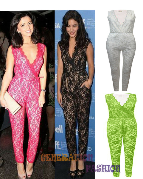 NEW WOMENS CELEBRITY VANESSA HUDGENS LUCY NET LACE FLORAL LADIES BLACK JUMPSUIT