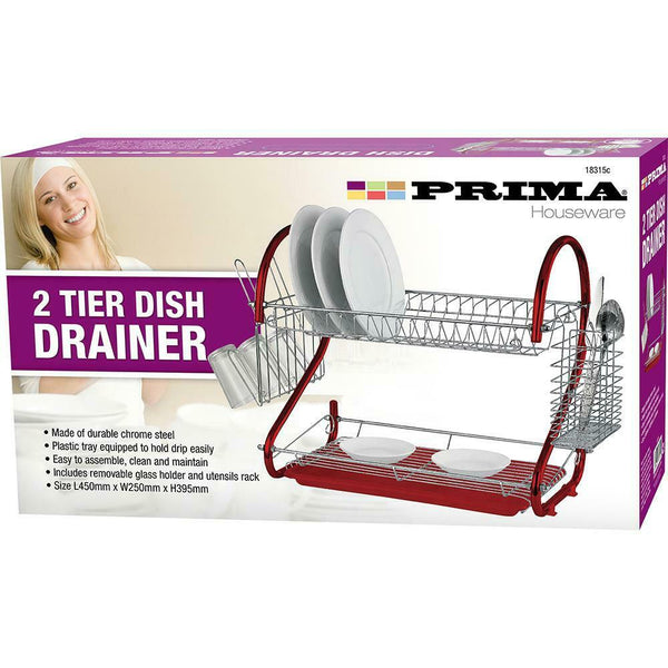 Prima 2 Tier Chrome Plate Dish Cup Cutlery Drainer Rack Drip Tray Plates Holder