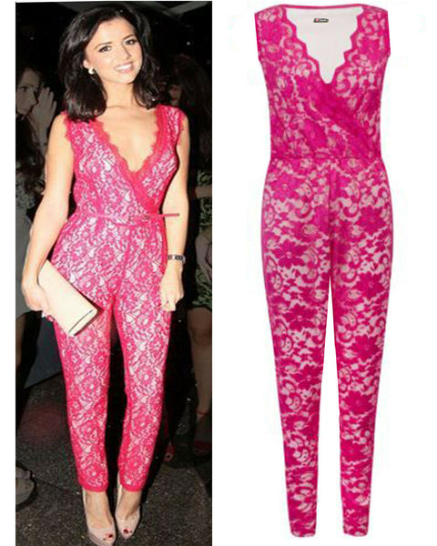 NEW WOMENS CELEBRITY VANESSA HUDGENS LUCY NET LACE FLORAL LADIES BLACK JUMPSUIT