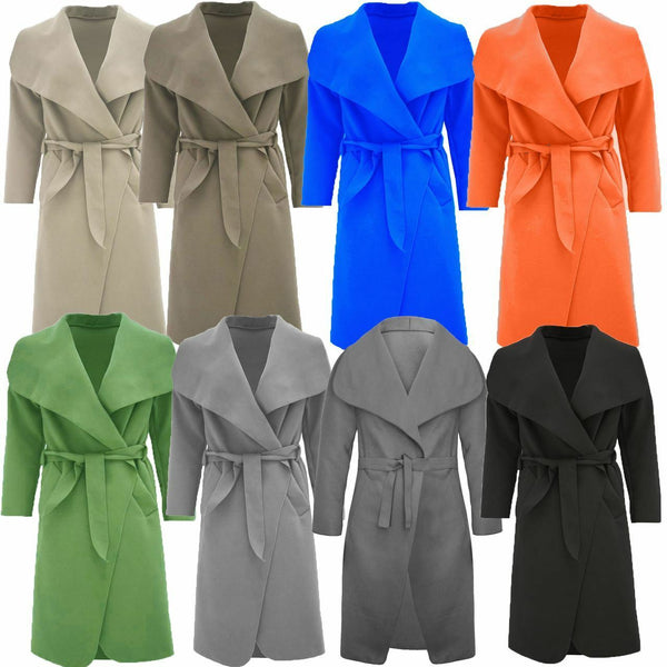 NEW LADIES WOMEN LONG SLEEVES WATERFALL DRAPED TRENCH COAT BELT JACKET OPEN CAPE