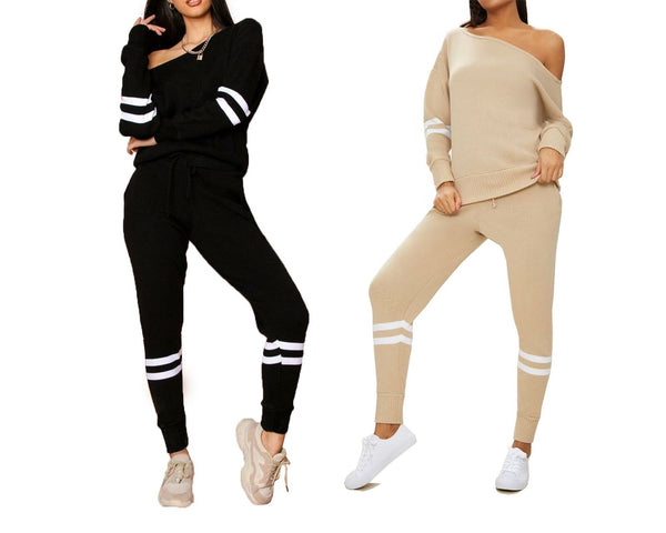 New Ladies Women Bardot Top Stripe Detail Jogger Knitted Lounge Set Tracksuit