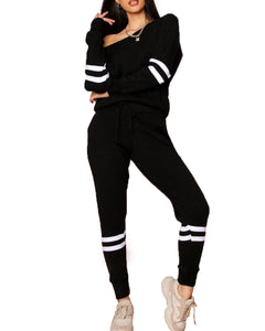 New Ladies Women Bardot Top Stripe Detail Jogger Knitted Lounge Set Tracksuit