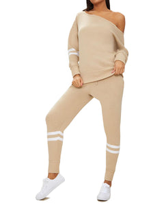 New Ladies Women Bardot Top Stripe Detail Jogger Knitted Lounge Set Tracksuit