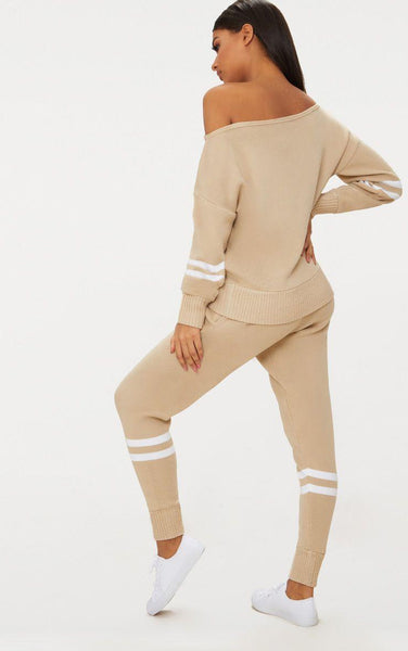 New Ladies Women Bardot Top Stripe Detail Jogger Knitted Lounge Set Tracksuit